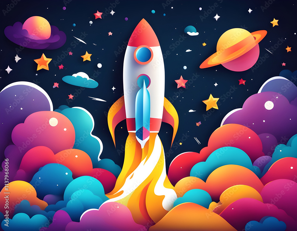 space galaxy with cartoon rocket leaving white trail paper cut style vector illustration background space galaxy with cartoon rocket leaving white trail paper cut style vector illustration background