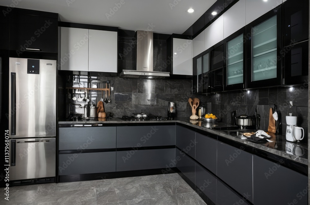 Fototapeta premium Modern Grey And Black Kitchen Design