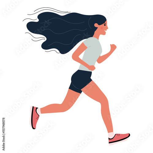 Young woman jogging. Healthy lifestyle concept, sports activities, competitions, marathons, cardio training, exercise. Isolated vector illustration for advertising banner, flyer, leaflet.