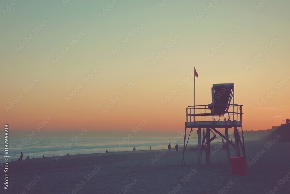 Beachgoers savoring the final moments of daylight with a lifeguard tower silhouetted against the vibrant sky Beachgoers savoring the final moments of daylight with a lifeguard tower silhouetted against the vibrant sky