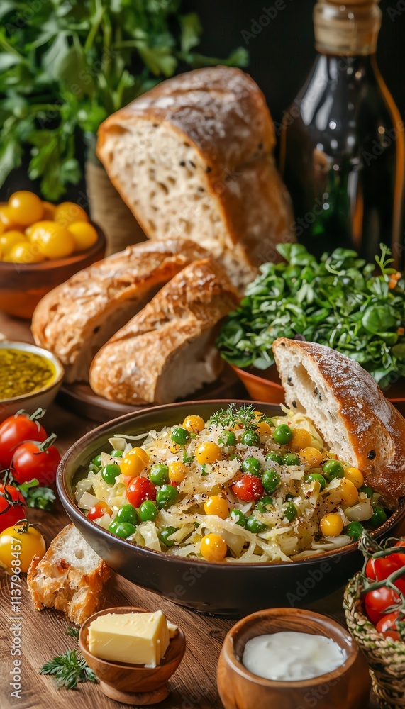Delicious pasta dish with fresh ingredients, bread, and olive oil on a wooden table. Delicious pasta dish with fresh ingredients, bread, and olive oil on a wooden table.