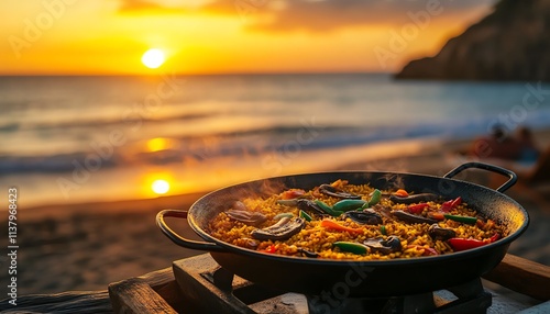Delicious paella on the beach during a vibrant sunset.