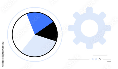 Pie chart with blue, dark blue, and black segments, alongside a light blue gear icon. Ideal for business analytics, data management, automation, technology, productivity, workflow optimization. Line