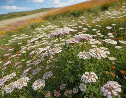 Field of Achillea millefolium in late summer with many flowers blooming together, countryside, meadow photo