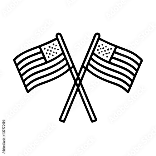 crossed american flags icon, veterans day icon line art, veterans icon  - simple black line art icon of crossed american flags, for veterans day celebrations. veterans vector art.