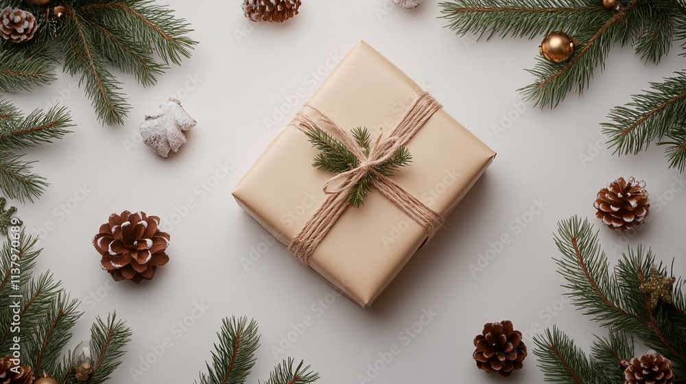 A brown box with a white ribbon sits on a table with pine needles and pine cones A brown box with a white ribbon sits on a table with pine needles and pine cones