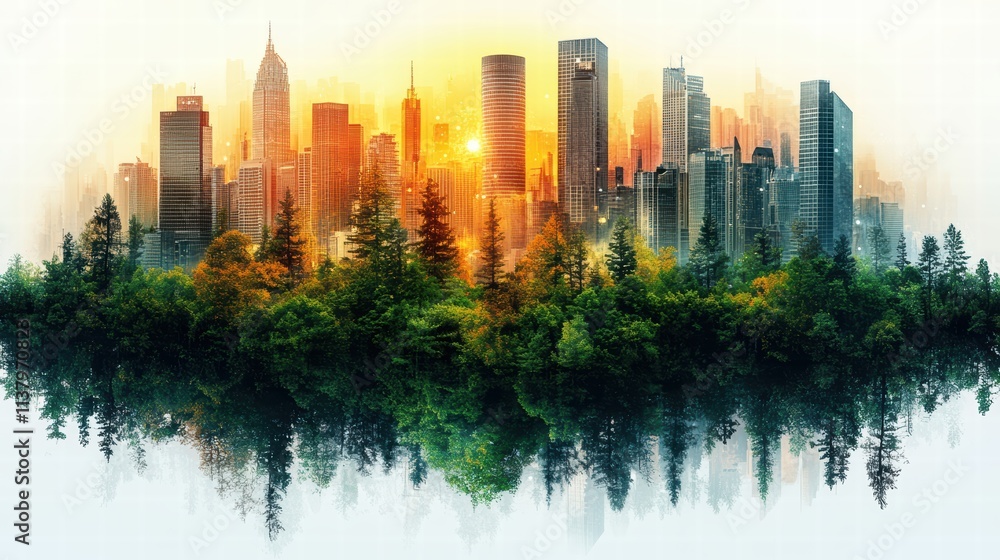 Obraz premium Vibrant City Skyline with Eco-Friendly Architecture Surrounded by Lush Greenery at Sunset