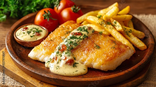 Deliciously cooked fish with fries and sauce, served on a wooden plate. photo