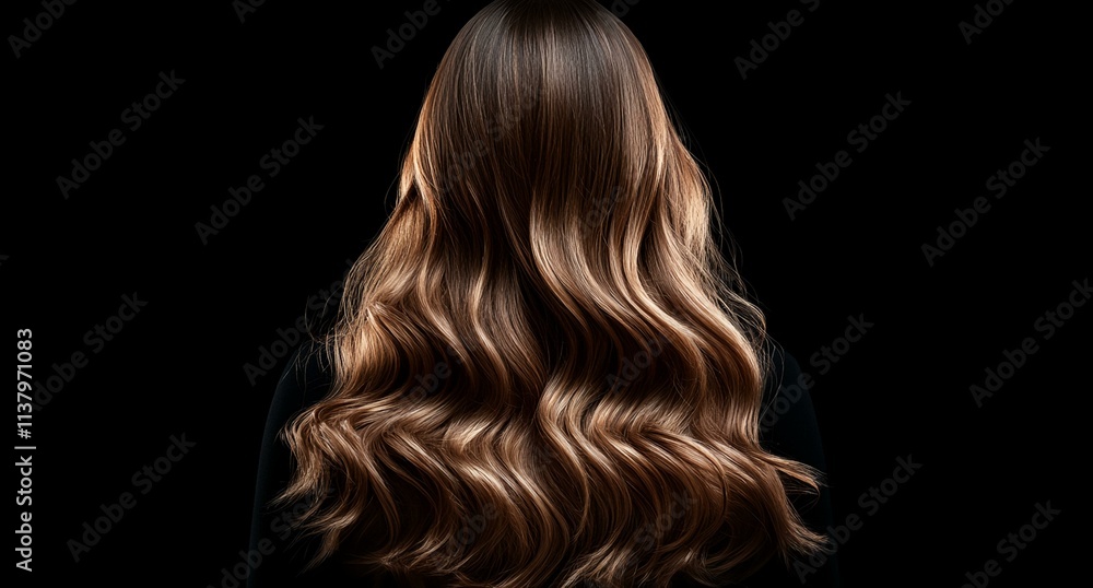 Fototapeta premium A woman with long brown hair is shown in a black background