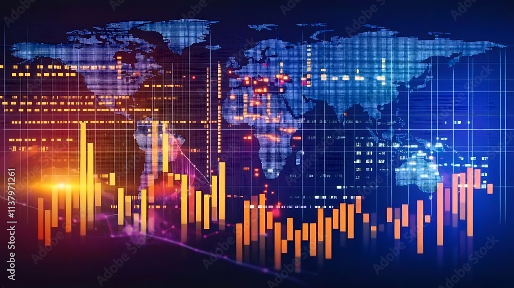 Naklejka premium Global market concept with stock market charts and a digital map of the world 