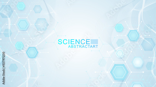Health care abstract background with hexagons, lines and dots. Medical innovation banner template concept. Biology and pharmaceutical technology background. Vector illustration.