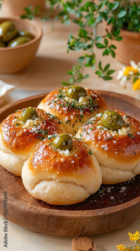 Freshly baked bread rolls topped with green olives and herbs on a rustic wooden plate. Freshly baked bread rolls topped with green olives and herbs on a rustic wooden plate.