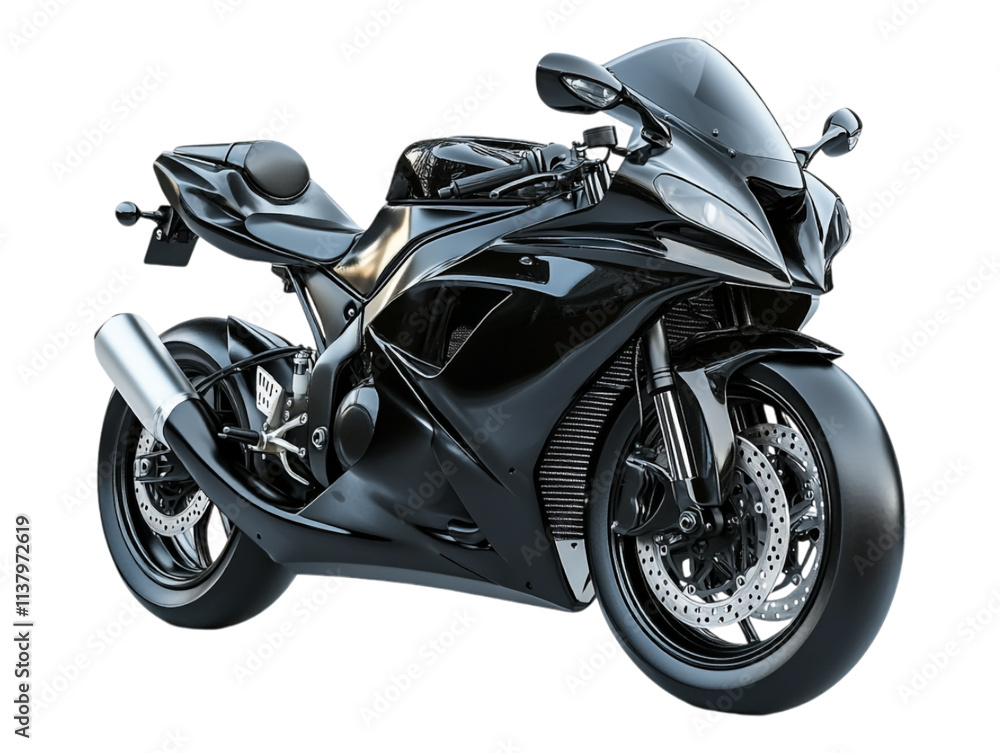 Sleek black sports bike motorcycle icon isolated on a transparent background, ideal for automotive advertisements, racing-themed designs, or showcasing modern motorcycle models. Sleek black sports bike motorcycle icon isolated on a transparent background, ideal for automotive advertisements, racing-themed designs, or showcasing modern motorcycle models.