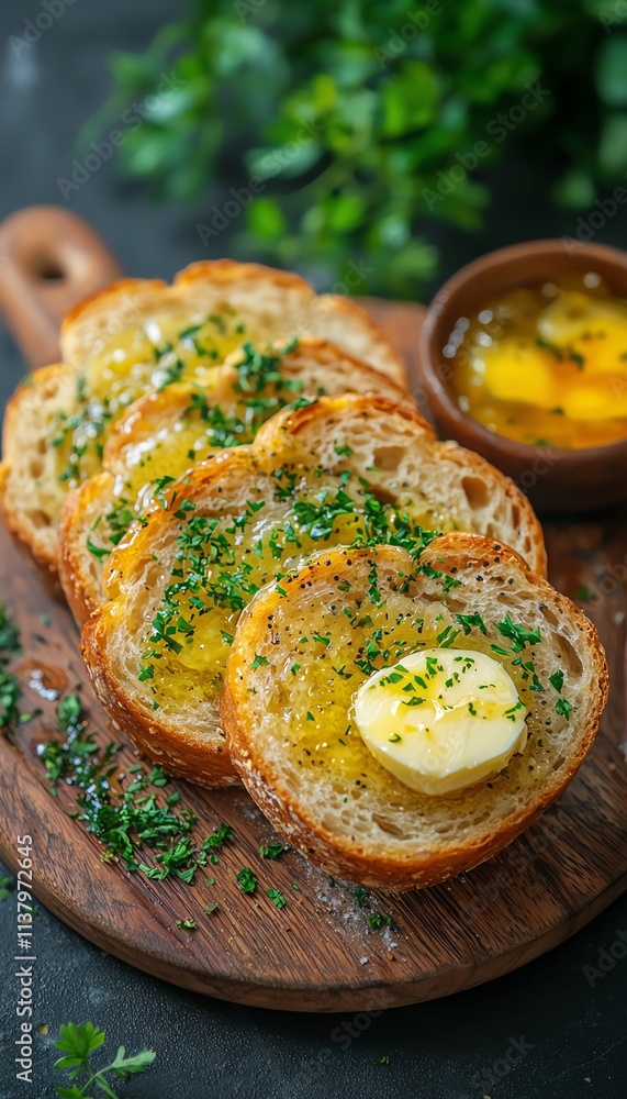Golden toasted bread slices topped with butter and herbs, served with dipping sauce. Golden toasted bread slices topped with butter and herbs, served with dipping sauce.