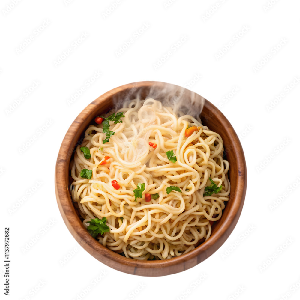 Instant noodles wooden bowl on transparent background Instant noodles wooden bowl on transparent background