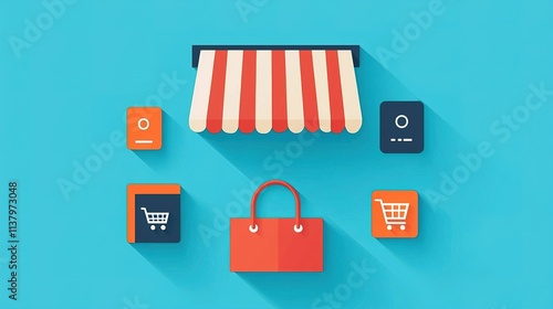 A vibrant illustration of a retail shopfront with a striped awning, accompanied by shopping icons and a stylish bag, symbolizing online and offline commerce.