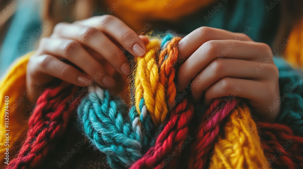 A close up of hands holding a colorful knitted scarf. A close up of hands holding a colorful knitted scarf.