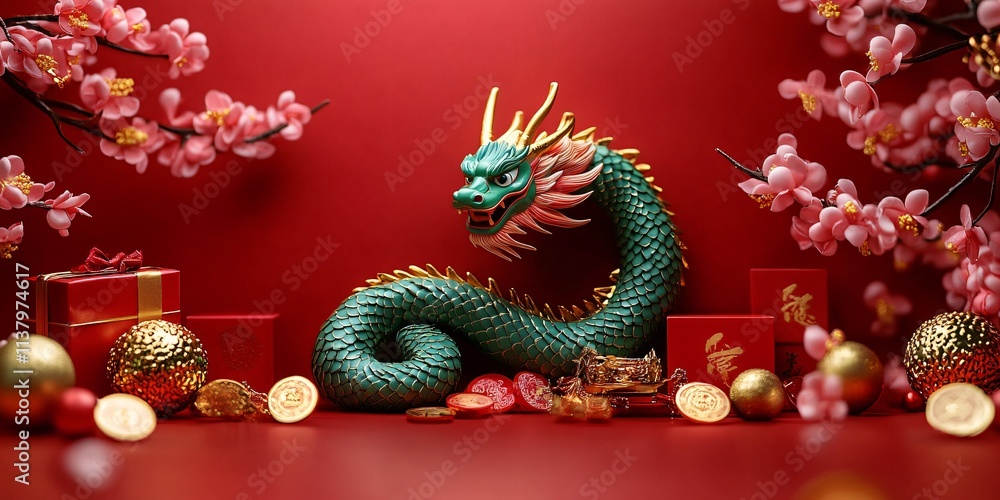 custom made wallpaper toronto digitalA vibrant Chinese New Year scene featuring a green dragon figurine, cherry blossoms, and gold coins, perfect for celebrations, invitations, and festive decorations.