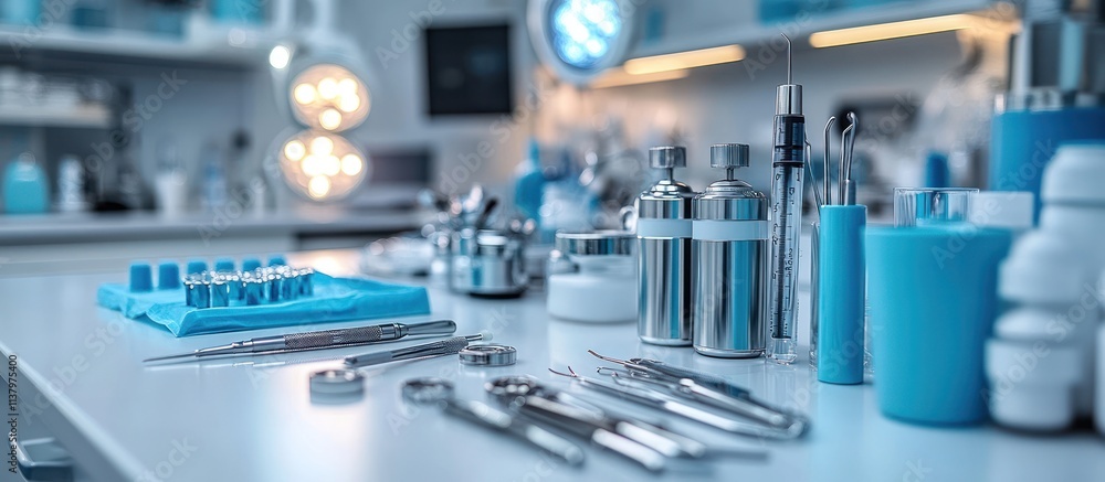 Sterile dental instruments and supplies on a table in a dental clinic. Sterile dental instruments and supplies on a table in a dental clinic.