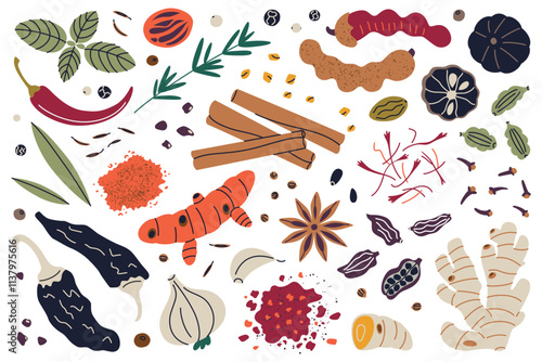 Vector illustrations collection, set of spices and herbs, cinnamon, turmeric, saffron, chili, ginger doodles, garlic, cloves, and cardamom. Colorful flat cartoon style for cooking, food, and culinary