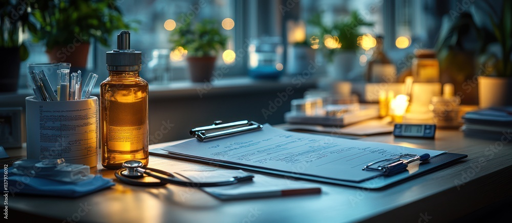 Night doctor's desk with clipboard, medicine bottle, and stethoscope. Night doctor's desk with clipboard, medicine bottle, and stethoscope.