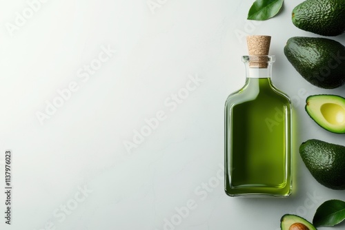 foodstyling, ripe avocados encircle a clear corked bottle of avocado oil on a white marble countertop photo