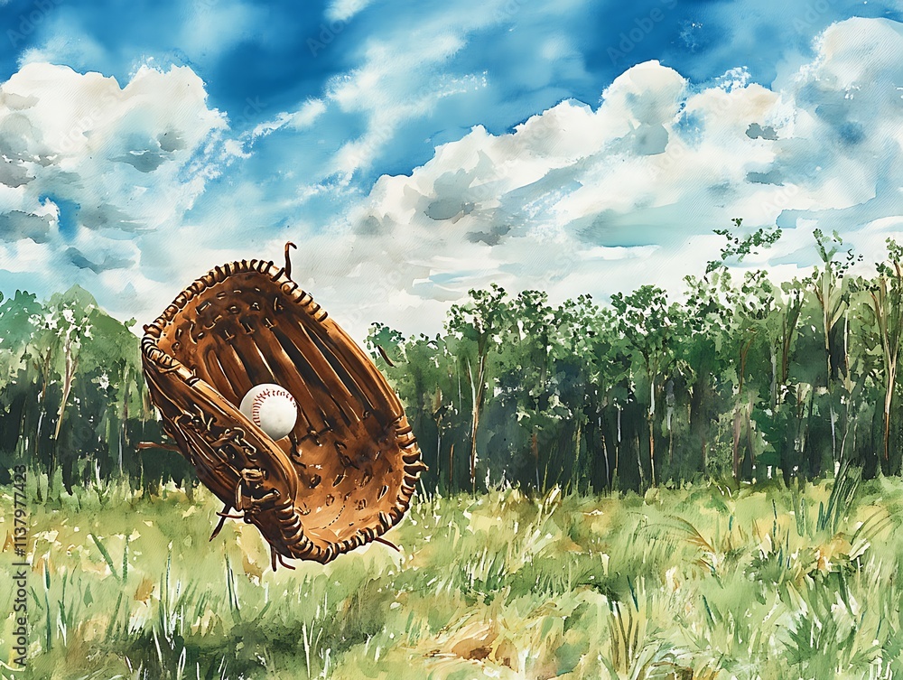Baseball Glove Catching Fly Ball at the Outfield Baseball Glove Catching Fly Ball at the Outfield