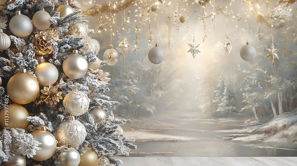 Fototapeta premium Christmas ornaments in gold and silver hanging on a decorated tree 