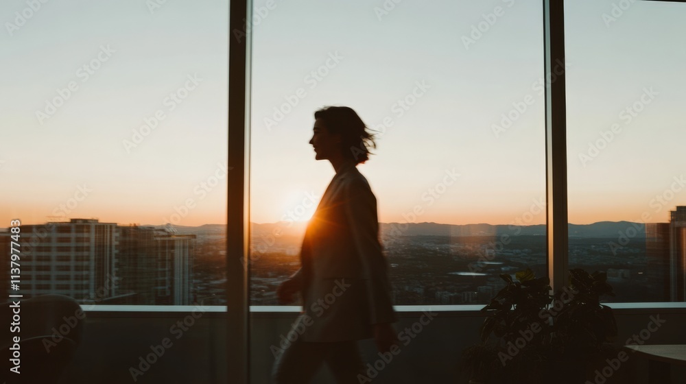 Fototapeta premium Businesswoman walks confidently through a modern office at sunset with a minimalist design and stunning view