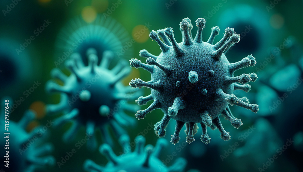 Microscopic virus particles float in a teal background.
Microscopic virus particles float in a teal background.