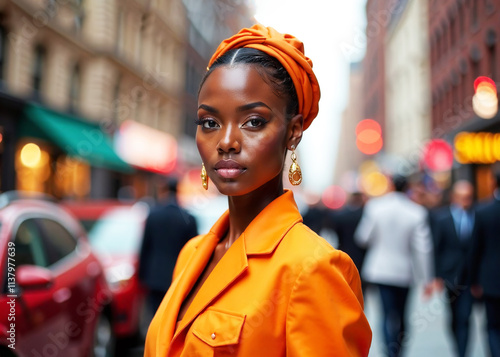 portrait of beautiful black woman in bright outfit on blurred background of city street