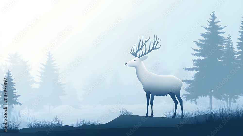 A majestic white deer with perfect antlers, and with beautiful views of the pine forest A majestic white deer with perfect antlers, and with beautiful views of the pine forest