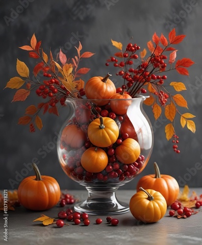 group of small pumpkins and red berries arranged in a decorative glass vase with fall leaves and twigs, glass, miniaturized photo