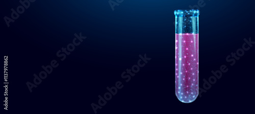 Test tube, glowing blue lowpoly wireframe glass flask on a dark background. Vector illustration design concept for medical industry and chemical laboratory.