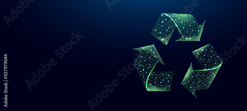 Recycling sign, glowing blue lowpoly wireframe on a dark background. Vector illustration design concept of Environment day.