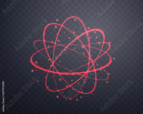 Atom particle, light effect glowing red magic rings. Neon realistic energy swirl. Abstract light effect on a dark transparent background. Vector illustration.