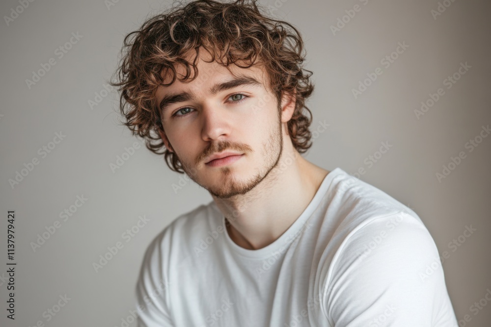 Young man with curly hair wearing a white shirt poses thoughtfully in a neutral-toned setting