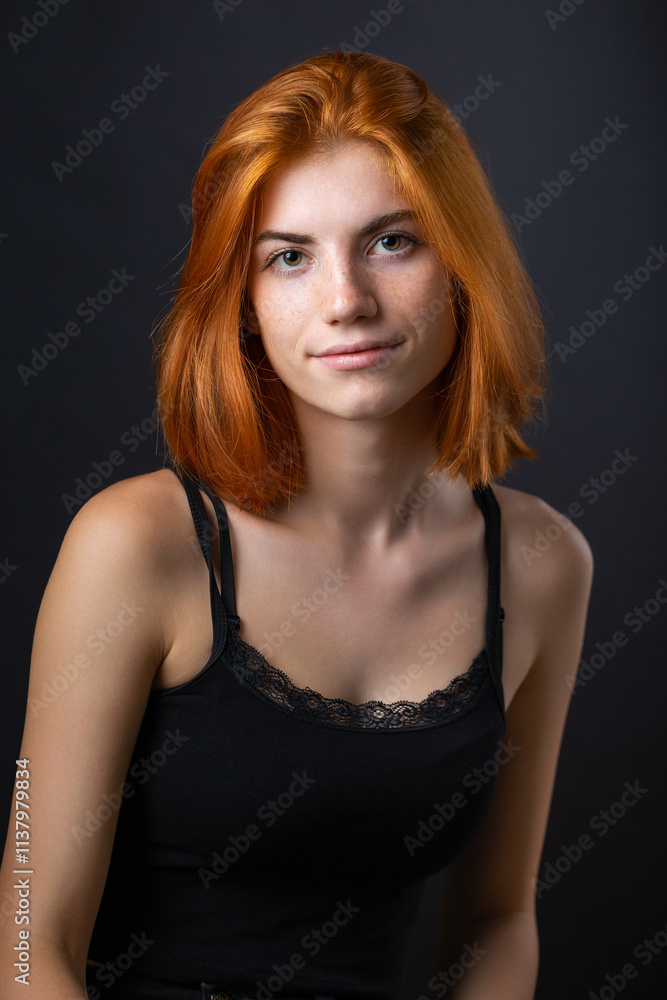 Cute red-haired girl, studio portrait on a black background. Cute red-haired girl, studio portrait on a black background.