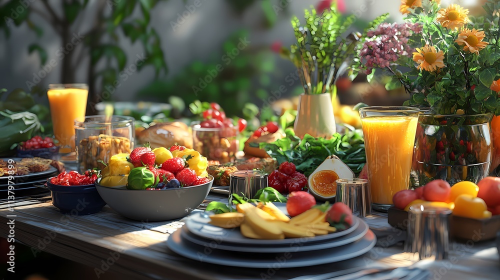 A vibrant spread of fresh fruits, vegetables, and beverages on a rustic wooden table, ideal for a sunny outdoor gathering. A vibrant spread of fresh fruits, vegetables, and beverages on a rustic wooden table, ideal for a sunny outdoor gathering.