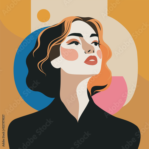 Modern bright abstract portrait of a beautiful woman looking up. Vector flat style. Suitable for postcards, paintings, posters, interior design, web