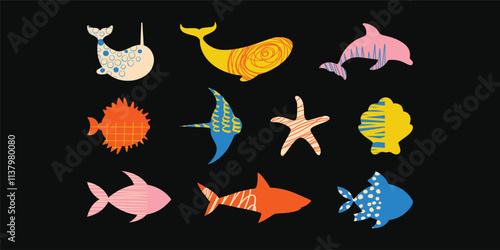 Colorful Textured Vector Silhouettes of Sea Animals