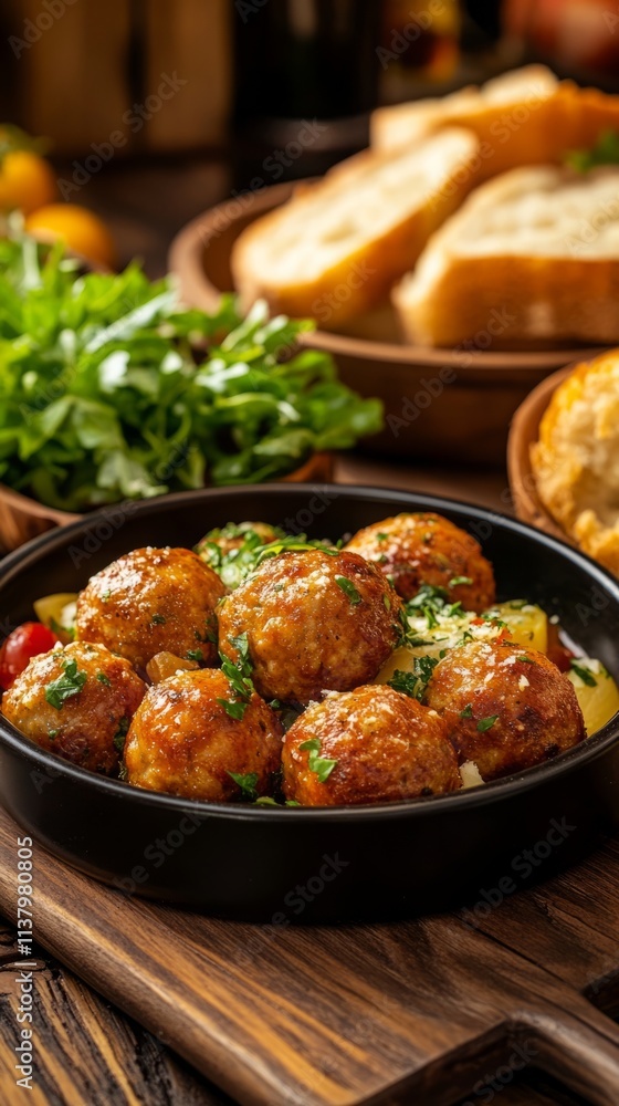 Rustic wooden table setting featuring golden-brown meatballs, fresh garlic bread, and a vibrant salad, creating a warm and inviting dining atmosphere. Rustic wooden table setting featuring golden-brown meatballs, fresh garlic bread, and a vibrant salad, creating a warm and inviting dining atmosphere.