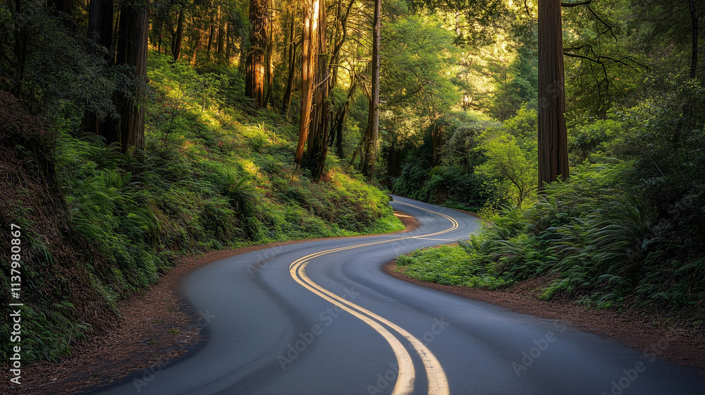 Obraz premium Winding asphalt road surrounded by lush green forest and sunlight filtering through tall trees