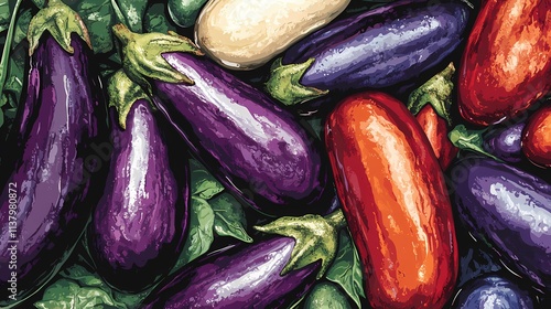 Wallpaper Mural Colorful assortment of fresh vegetables featuring various eggplants, peppers, and leafy greens. Torontodigital.ca