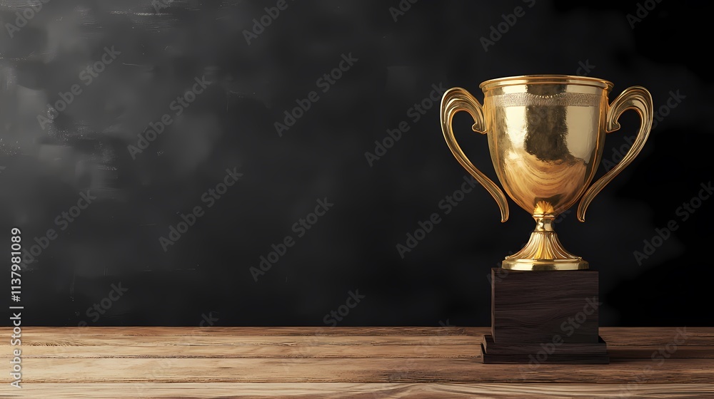 A gleaming gold trophy stands proudly on a wooden table against a dark background, symbolizing victory and achievement. A gleaming gold trophy stands proudly on a wooden table against a dark background, symbolizing victory and achievement.