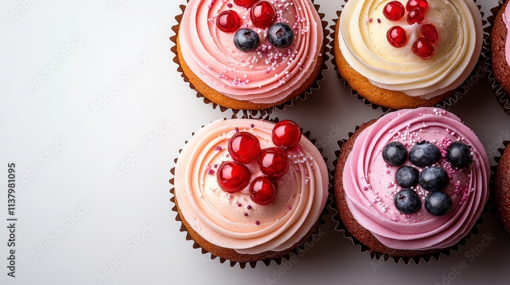 Colorful Cupcakes Topped with Fresh Berries and Delicate Swirls of Frosting Perfect for Celebrations, Parties, and Sweet Treats on a White Background Colorful Cupcakes Topped with Fresh Berries and Delicate Swirls of Frosting Perfect for Celebrations, Parties, and Sweet Treats on a White Background
