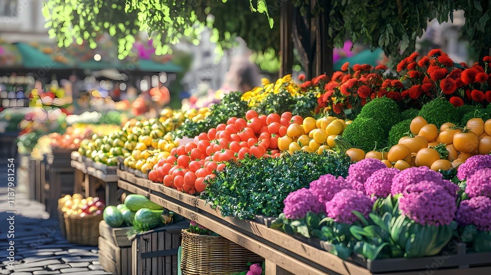 A vibrant display of fresh fruits and vegetables at an outdoor market, showcasing a burst of colors and natural beauty. A vibrant display of fresh fruits and vegetables at an outdoor market, showcasing a burst of colors and natural beauty.