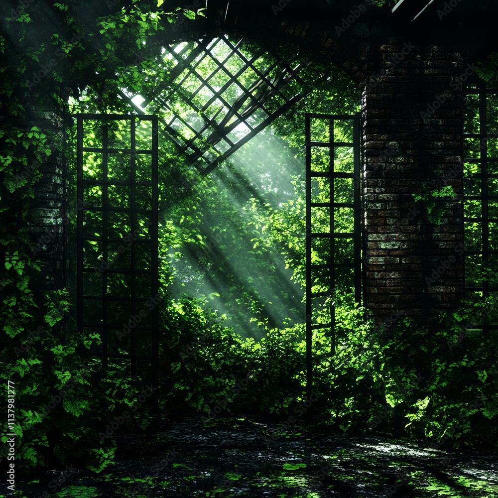 Fototapeta premium Overgrown Garden Gateway Sunlit Ruins and Lush Foliage
