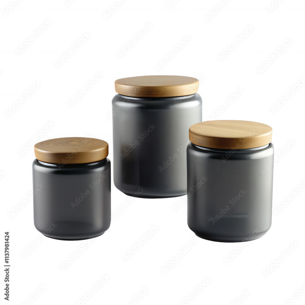 Three stylish glass jars with wooden lids. The jars feature a sleek design and varying heights, perfect for home decoration. Three stylish glass jars with wooden lids. The jars feature a sleek design and varying heights, perfect for home decoration.