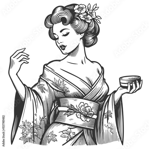geisha in a detailed floral kimono, holding a bowl, exuding elegance and tradition sketch engraving generative ai vector illustration. Scratch board imitation. Black and white image.
